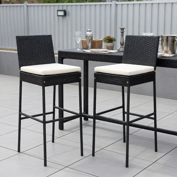 Yardi Yard Patio Wicker Barstools Set of 2, Bar Furniture with Footrest and Backrest for Outdoor as Yard, White