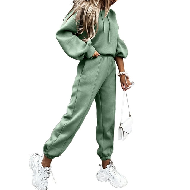 UKAP Ladies Two Piece Outfit Solid Color Sweatsuits Hoodies Jogger Set Casual Jogging Tracksuit Sets Green XL