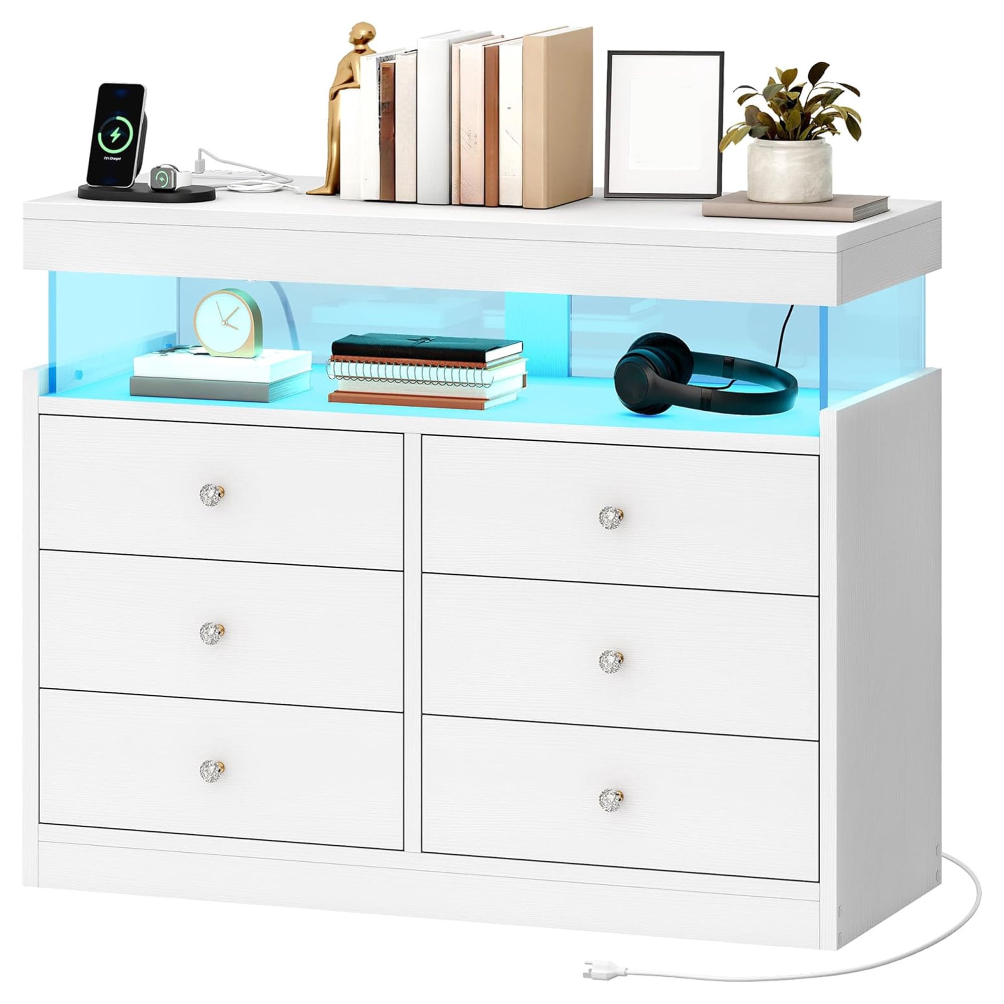 Uforic 6 Drawer Double Dresser with Power Outlets & LED Lights, Wood Chest of Drawers, White