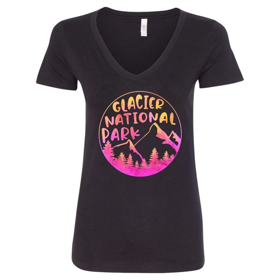 Inktastic Glacier National Park Montana Pink Mountains Women's V-Neck T-Shirt