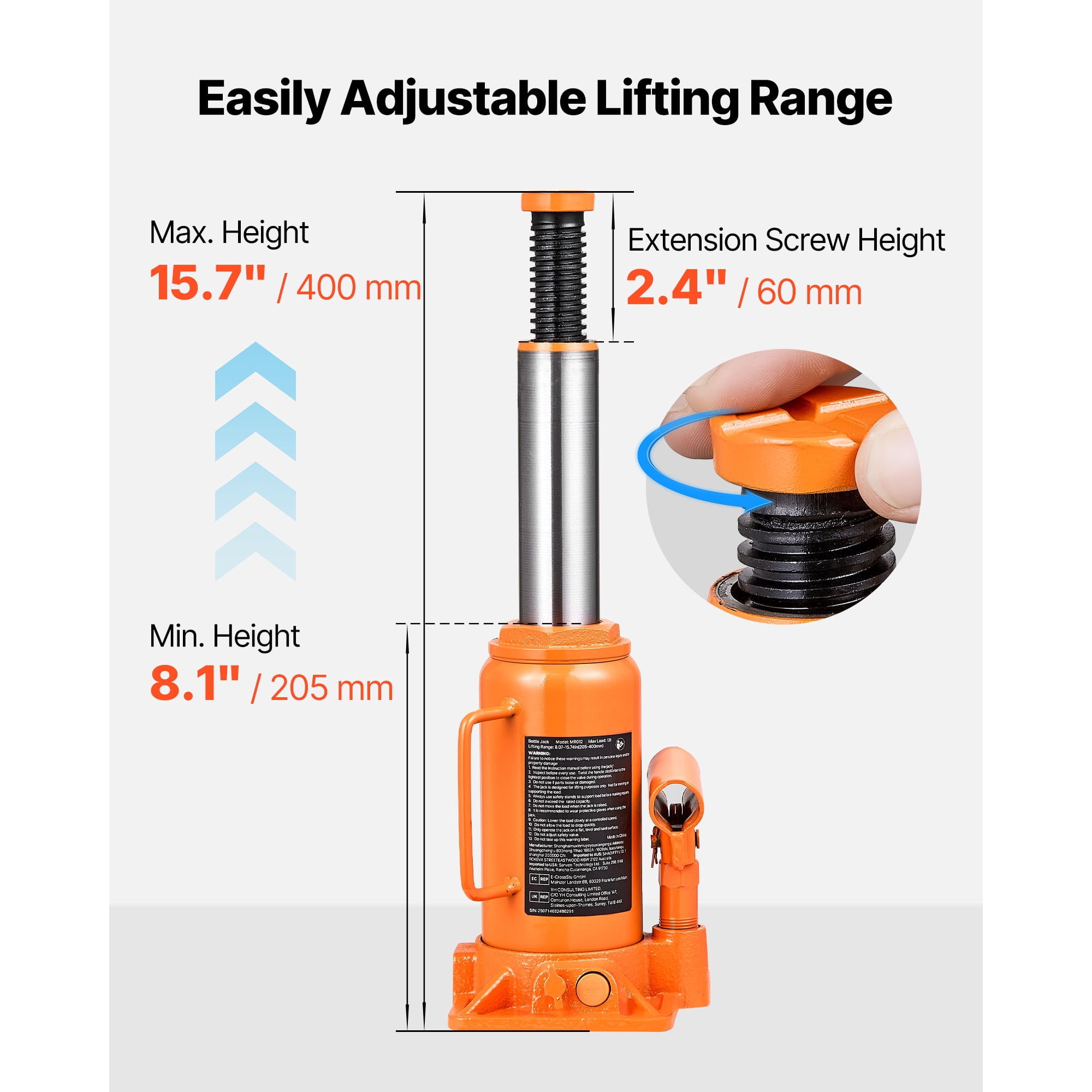 KFFKFF Hydraulic Bottle Jack, 12 Ton Capacity, 8.1-15.7 Inch Lifting Range, Durable Welded Design for Vehicles, Auto Repair, House Lifting, and Agricultural Applications, Orange