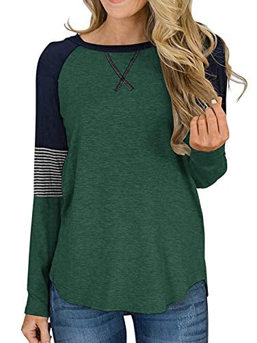 Adibosy Women's Color Block Tunic Tops Long Raglan Sleeve Striped Shirts Round Neck Pullover T Shirt