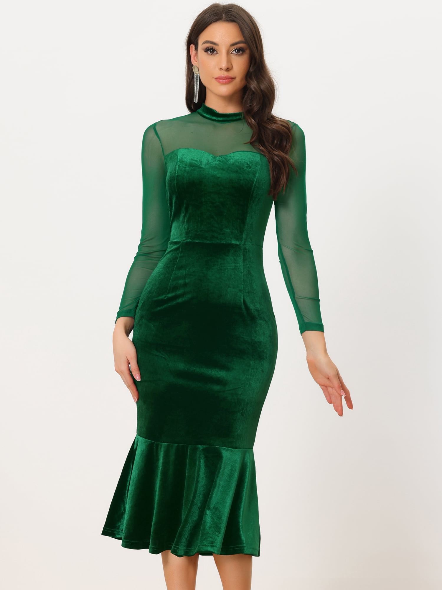 DARING DIVA Elegant Velvet Sheer Mesh Cocktail Dress L Green