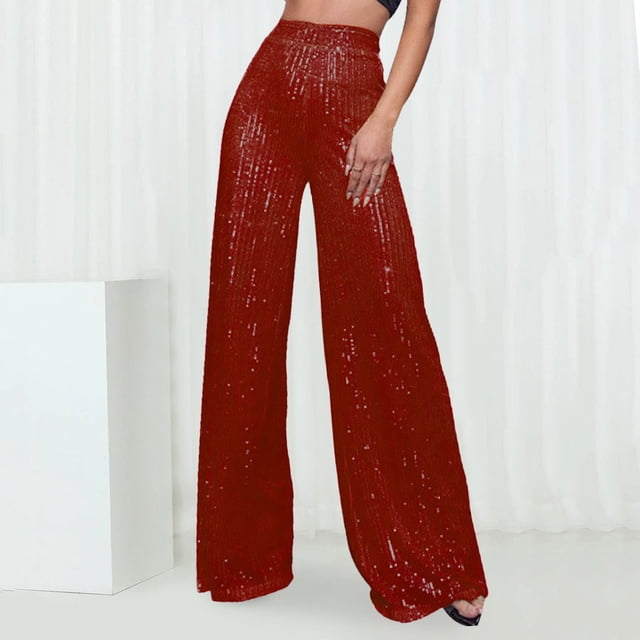 WILLBEST Pantalones Casuales de Lentejuelas de Moda para Mujer, Cintura Alta, Pierna Ancha, Acampanados, Ropa de Discoteca para Mujer, Estilo Brillante, Ajuste Cómodo Extra Grande