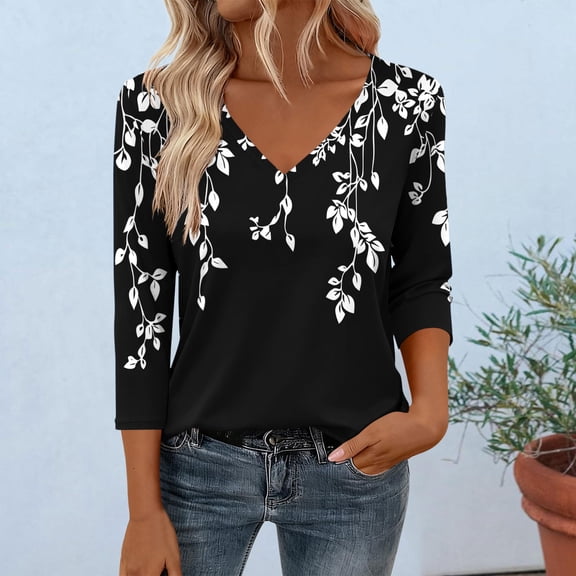Tops for Women Printed V-Neck 3/4 Sleeve Blouse Comfort Casual Blouse Black XL
