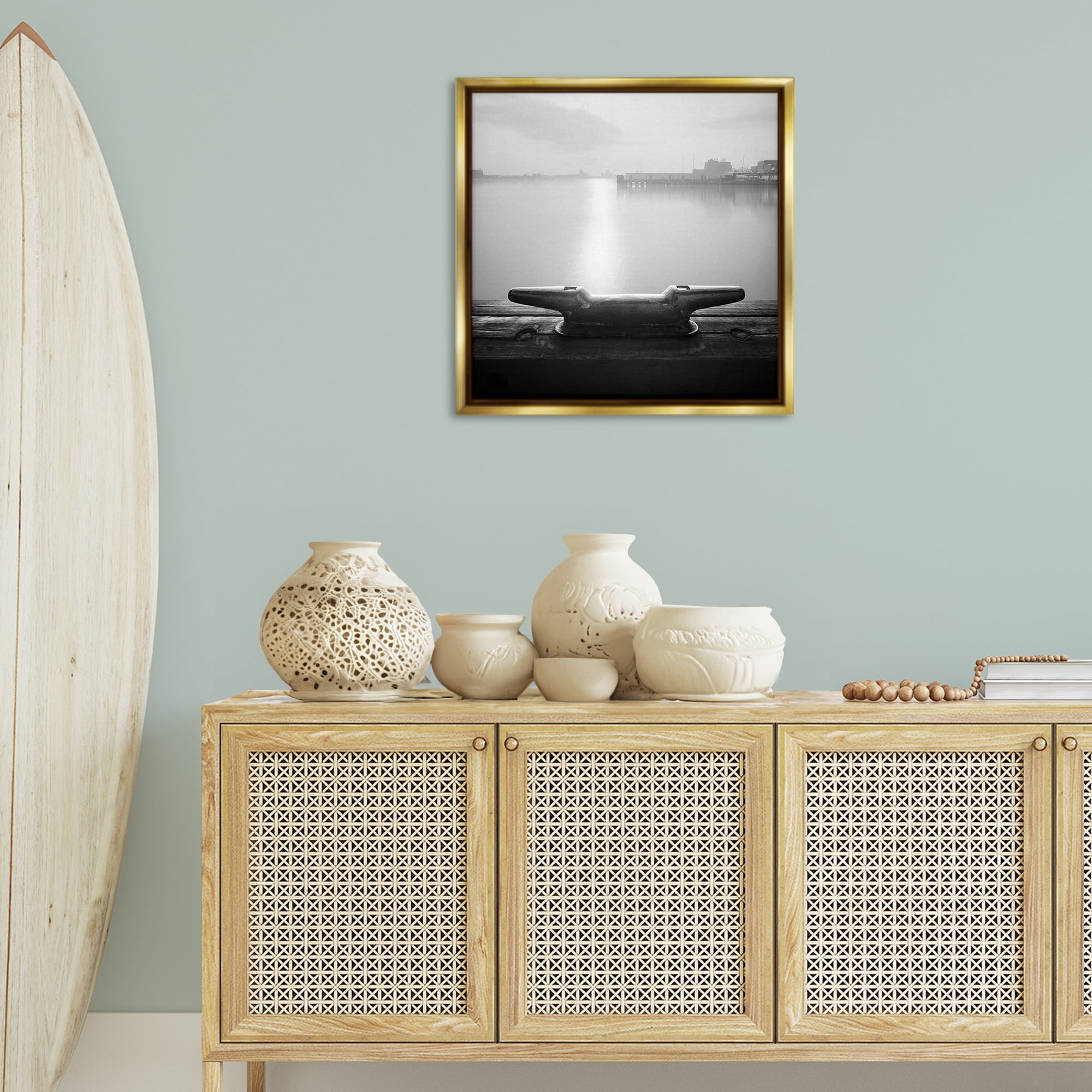 Stupell Industries Dockside Boat View Coastal Photography Gold Floater Framed Canvas Art Print Wall Art, 25 x 25