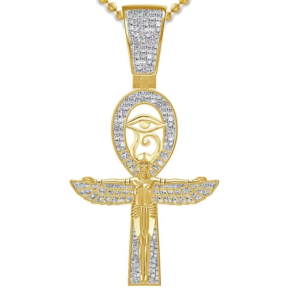 Real Diamond Egyptian Ankh Cross Horus Eye Of Ra Sky Goddess Charm Pendent Chain Over Yellow Gold