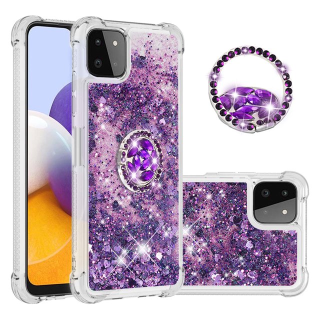 Funda para Samsung Galaxy A22 5G con Brillo Líquido Flotante, Purpurina, Parachoques y Anillo Giratorio Soporte