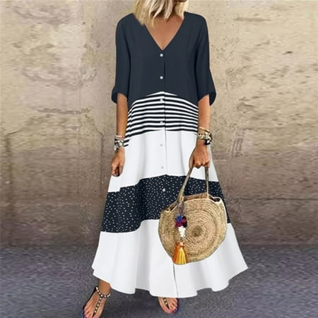 

Leesechin Womens Dresses Clearance Summer Print V-Neck Short Sleeve Button Pachwork Dress