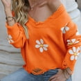 thumbnail image 6 of Orange Sweatshirt for Women's Ripped Long Sleeved Loose Knit Sweater with Small Flower V Neck Pullover Women Fall Clothes, 6 of 6