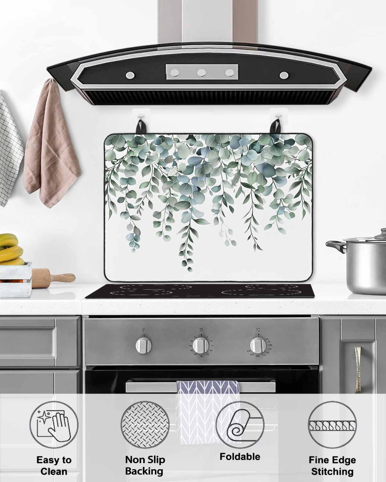 nqOlkjepod Large Induction Cooktop Protector Mat 36"x21", Green Eucalyptus Leaves Stove Top Covers for Electric Stove, Summer Botanical Watercolor Stove Burner Cover Mats, Glass Top Stove Cover