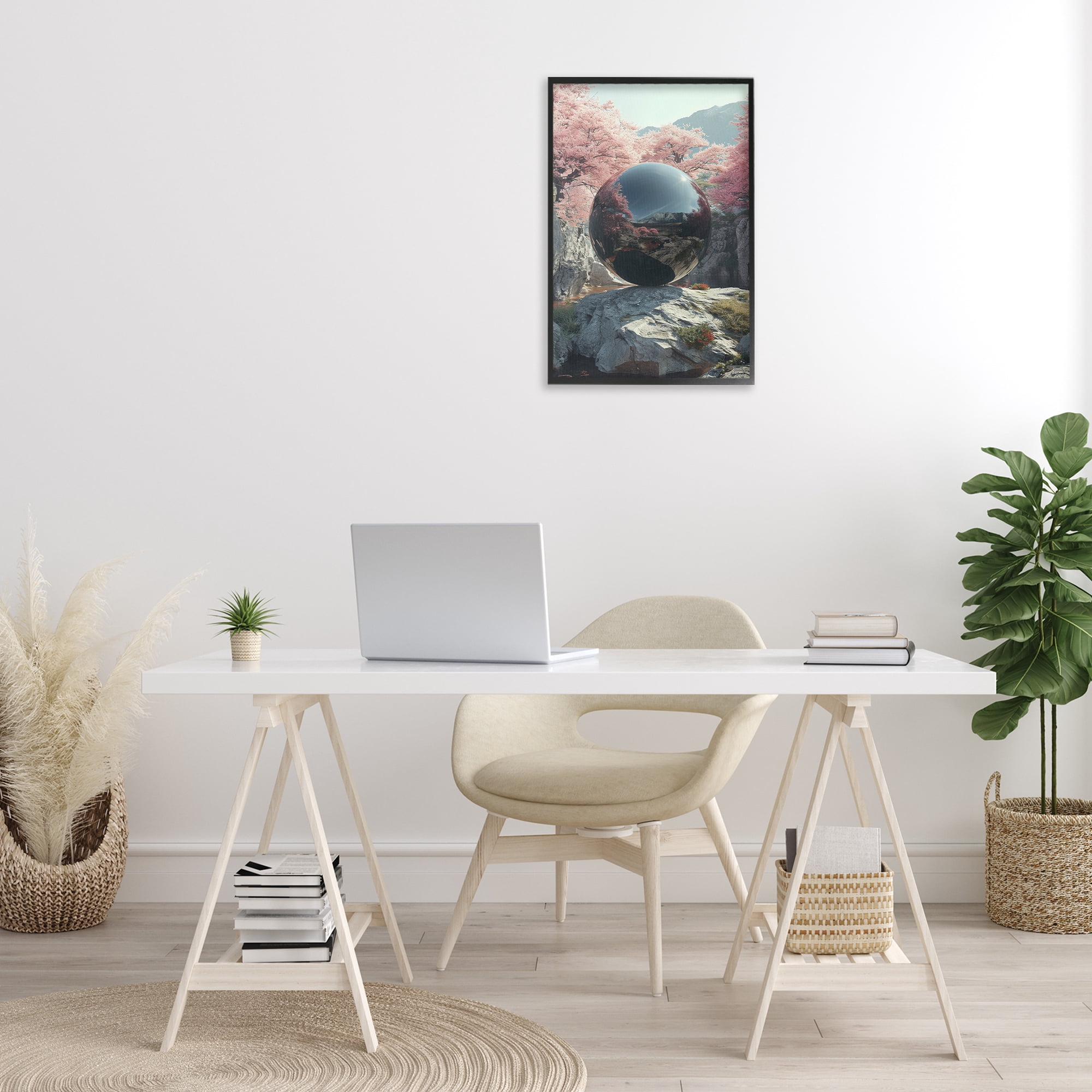 Stupell Industries Surreal Reflective Ball Landscape Painting Black Framed Art Print Wall Art, 16 x 24