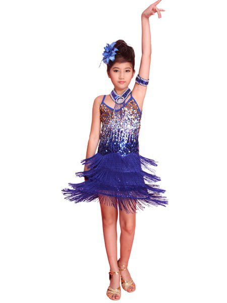 iEFiEL Kids Girls Dancewear Outfit Irregular Tassel Latin Salsa Tango Dance Dress Costumes 