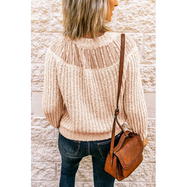 ABPHQTO Jersey De Mujer De Punto Con Cuello Redondo Beige Y Empalme De Encaje