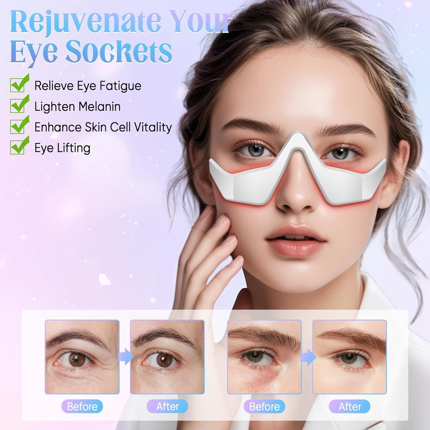 Under Eye Light Therapy Glasses, Beauty Device with Eye Massage, Eye LED Red Light Beauty Device for Reduce Dark Circles Puffiness Wrinkles Relax Eye Strain