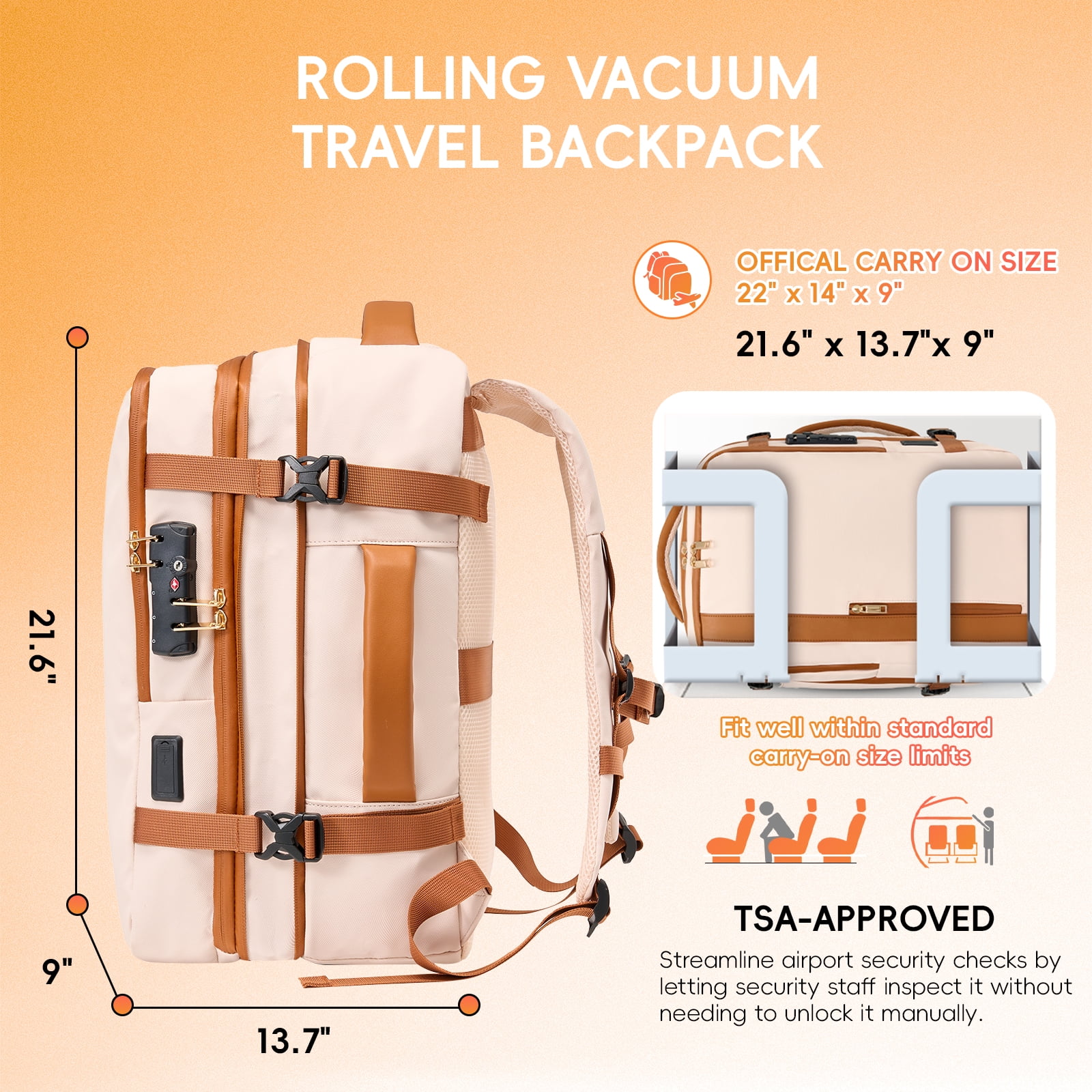 Fegat Rolling Vacuum Travel Backpack, 70L Expandable Compression Bag with Vacuum Pump,TSA Lock,Waterproof Carry on Luggage Vacuum Seal Backpacks Flight Approved for Travel Business Casual
