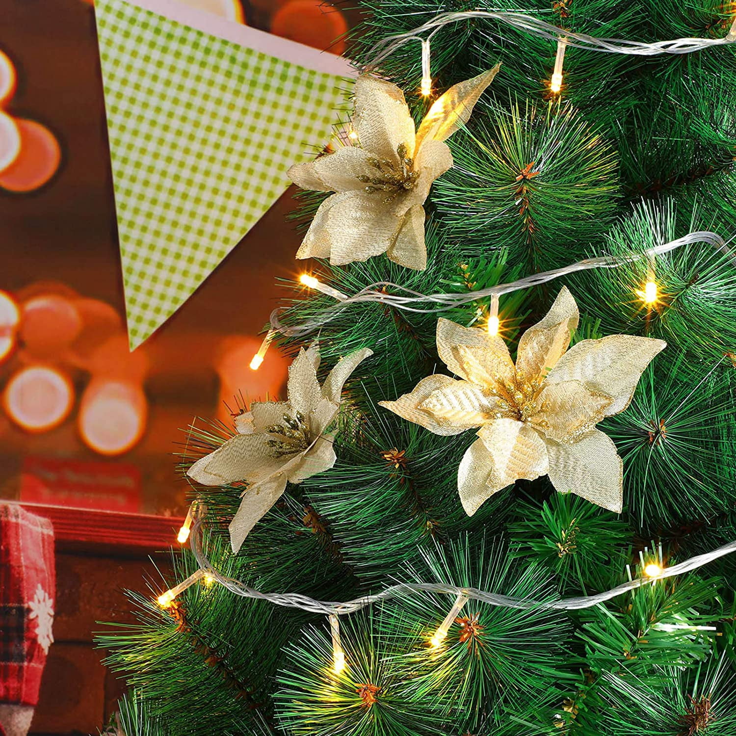 6PCS Glitter Christmas Artificial Flowers Christmas Poinsettia Decor Christmas Tree Wreaths Ornaments for Christmas Home Wedding Party