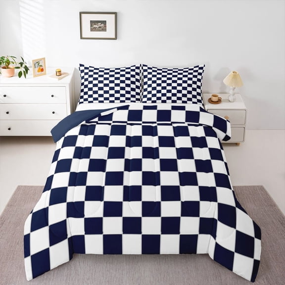 Erosebridal Navy Checkered Bedding Set White Dark Blue Buffalo Plaid Grid Comforter Set Full,Checkerboard Quilt Set Mengeometrical Gingham Duvet Set Modern Room Decor