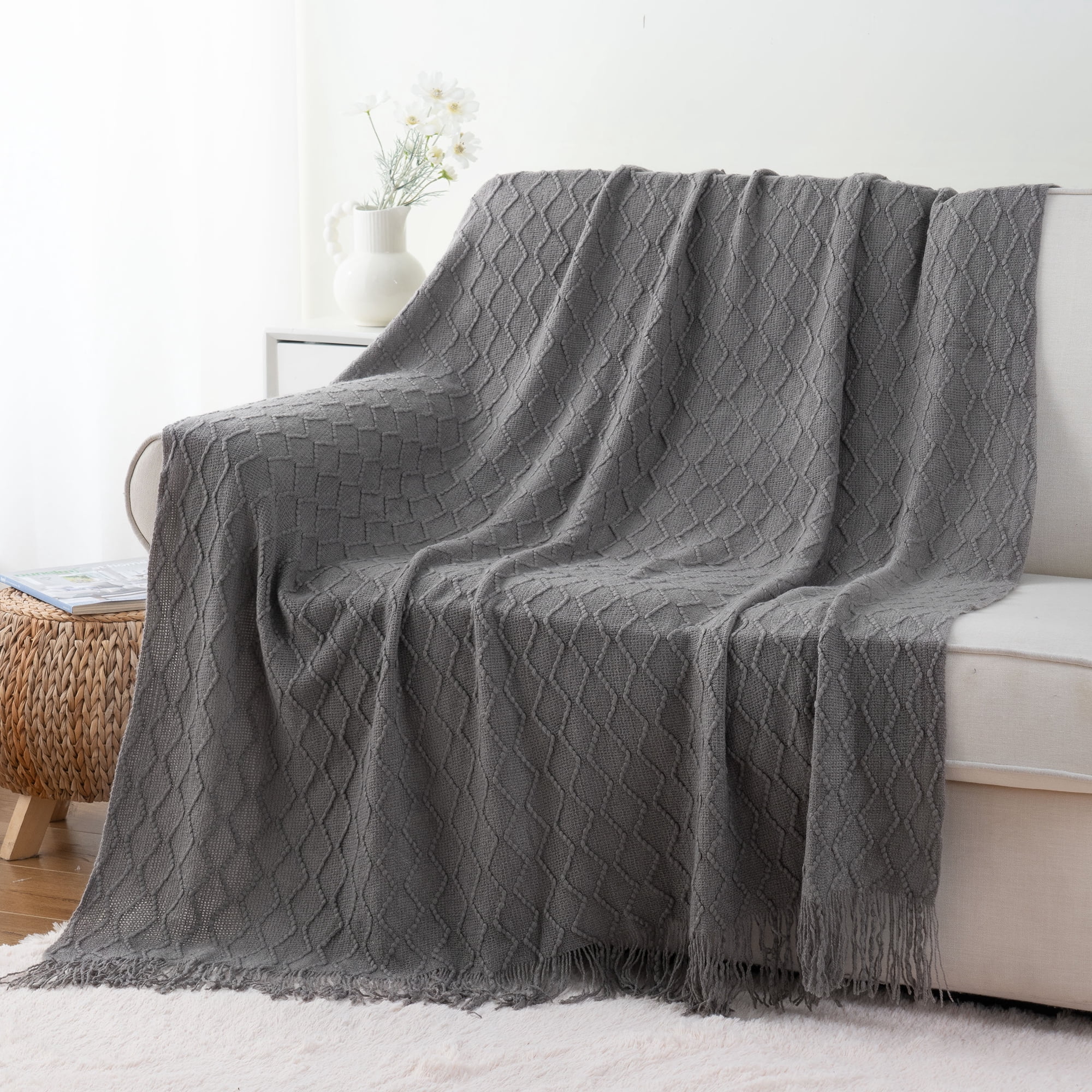 Battilo Dark Grey Throw Blanket for Sofa,Textured Solid Grey Blanket Throw,Knitted Bed Throw,50"x60"
