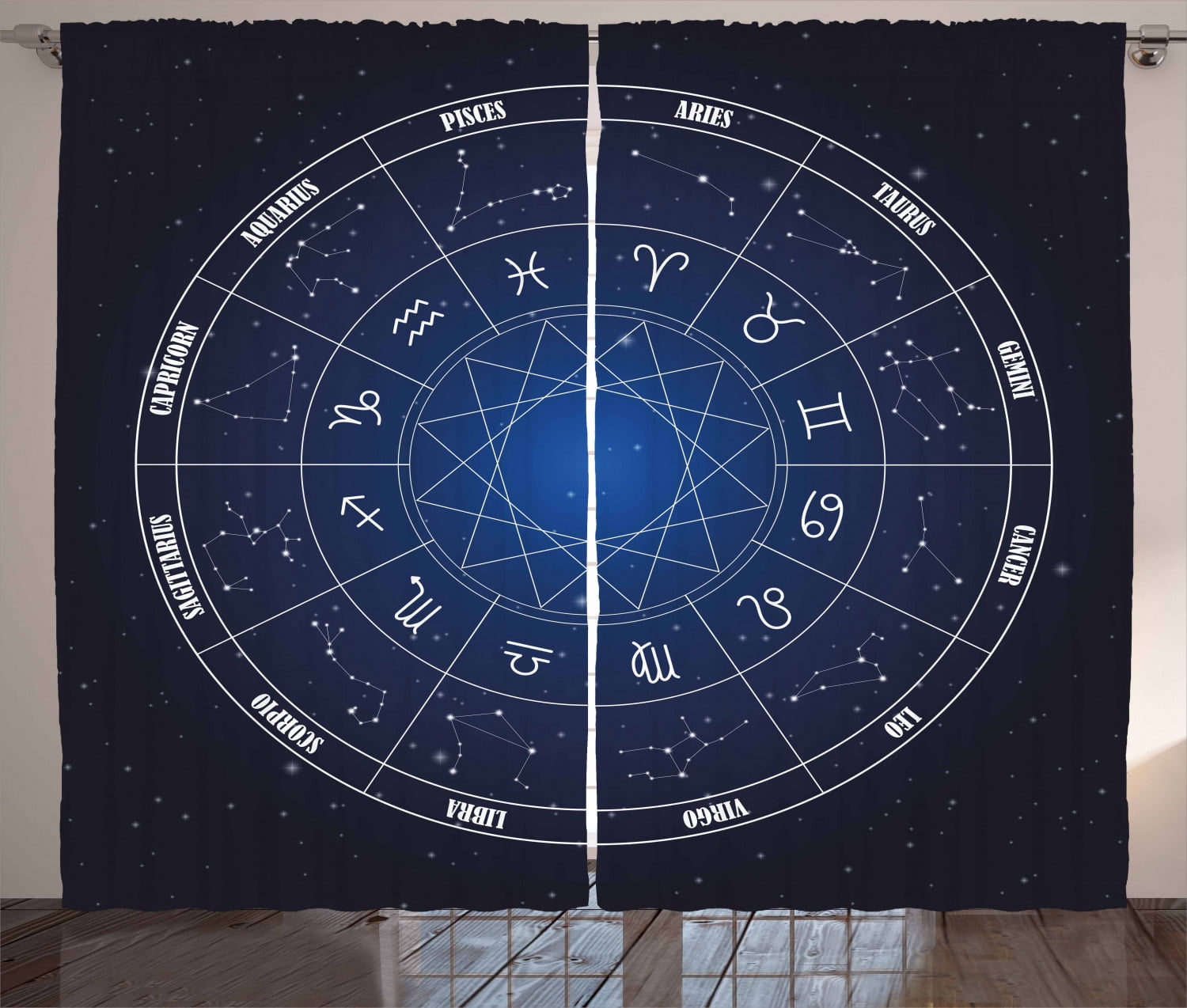 Astrology Curtains 2 Panels Set, Zodiac Horoscope Chart in Wheel Shape