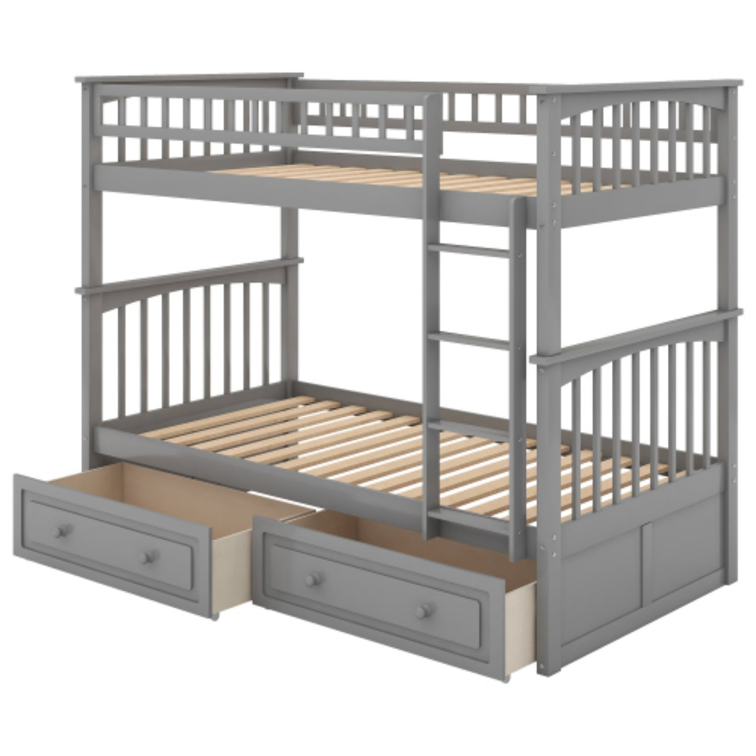 Twin Over Twin Bunk Bed with Storage Drawers, Convertible Wood Bunk Bed with Safety Guardrails, Solid Pine Wood Kids Bed Frame for Bedroom, Gray