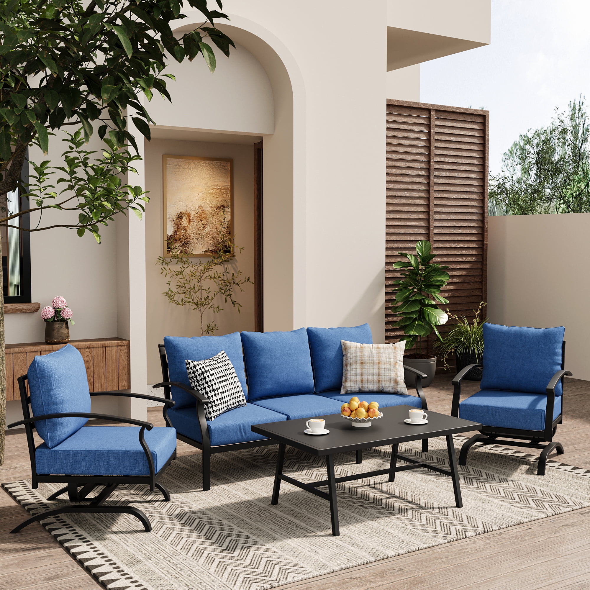 ALAULM 4 Piece Patio Furniture Set,Outdoor Metal Patio Furniture with Coffee Table & Rocking Chairs Conversation Set for Porch,Backyard,Poolside, Garden-Navy Blue
