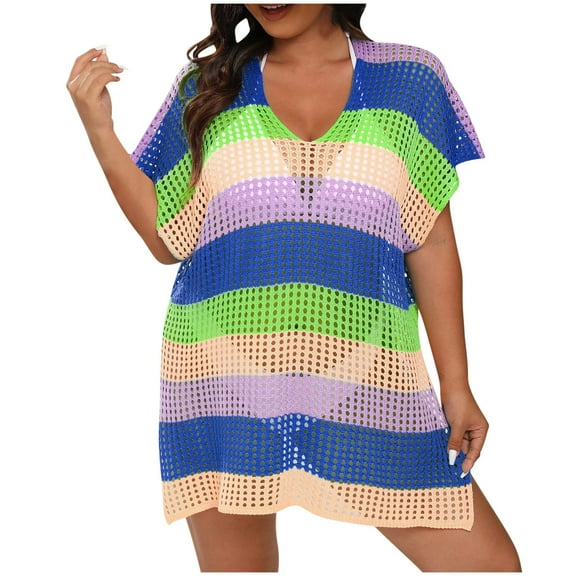 TMOYZQ Crochet Swimsuit Coverup for Women Plus Size Summer Bathing Suit Cover Ups Color Block Swimwear Beach Dress 2025 Clothes