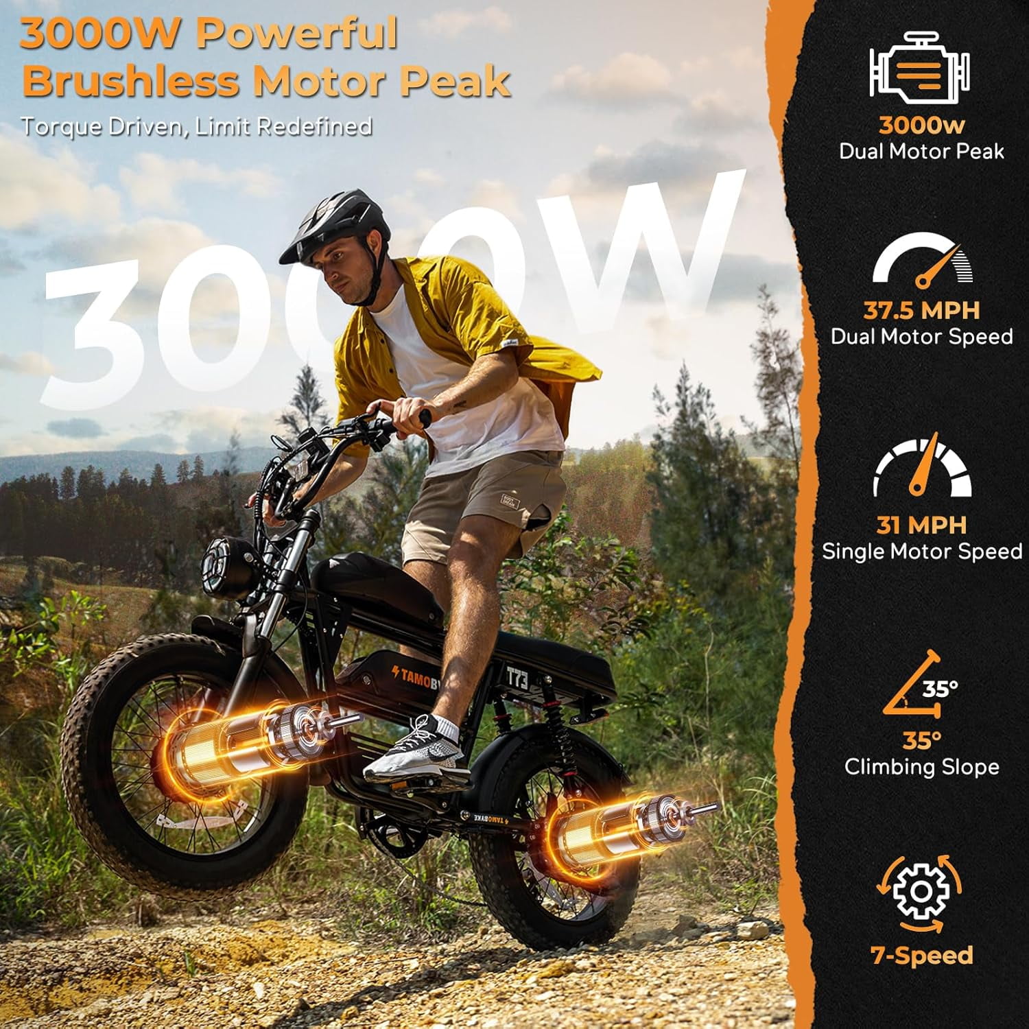 3000W Peak Dual Motor 37.5mph Tamobyke T73 Pro Max off road Electric Bike for Adults, 48V 36.4Ah Dual Battery Mountain Ebike,20" Fat Tire Full Suspension UL2849