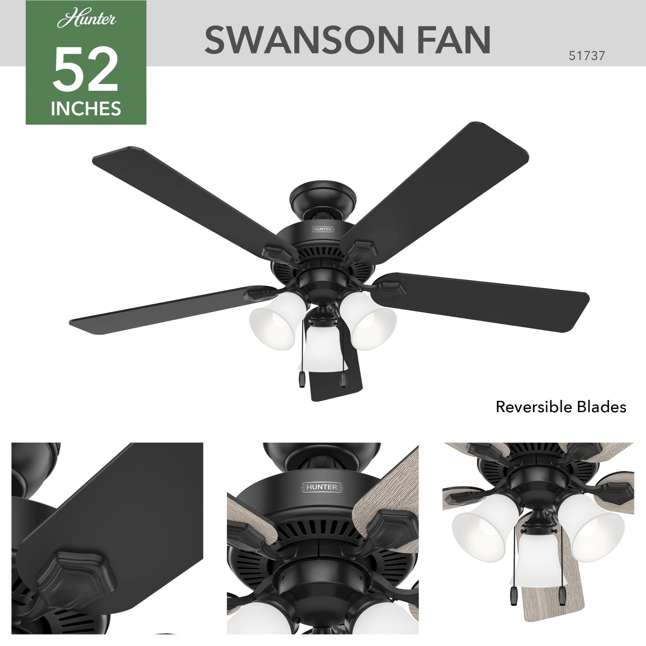 Hunter 52 inch Indoor Ceiling Fan with LED Lights - Black Ceiling Fan with Pull Chain, For Bedroom, Living Room, or Kitchen, Standard Mount, No Remote, 5 Blades - Swanson 51737, Matte Black