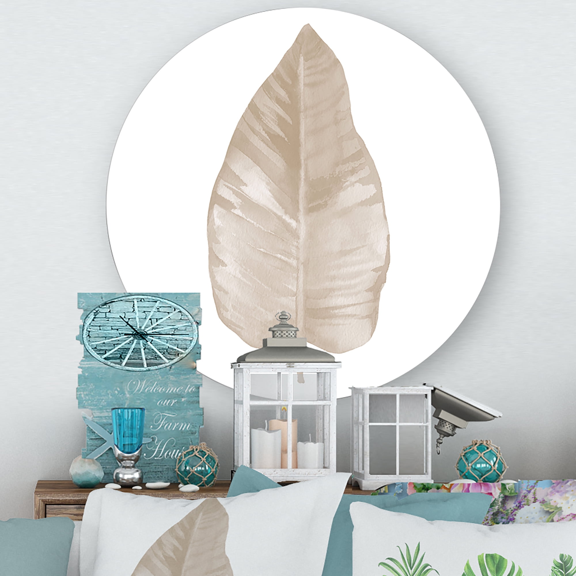 Designart 'Dried Leaf Plant Beige On White Background' Traditional Circle Metal Wall Art 11x11 - Disc of 11