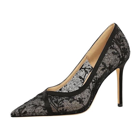 Women Pointed Toe High Heels Sexy Lace Mesh 9CM Stiletto Sequins Black for Bride Prom Party
