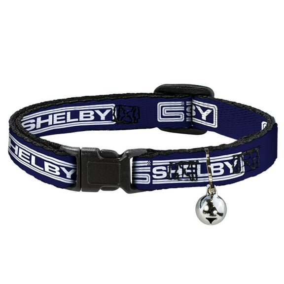 Shelby Breakaway Cat Collar With Bell, Plastic Clip, Easy Adjustable, Carroll Shelby CS Racing Logo Block Navy White, 8.5 to 12 Inches 0.5 Inch Wide