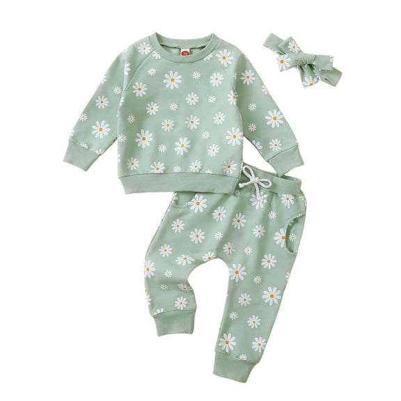 Glisme Girl Outfits Cozy Kids Long Sleeve Pajama With Floral Print For Kids Autumn Winter Loungewear Play Set Soft Girls Clothing Green Size 18-24 Months
