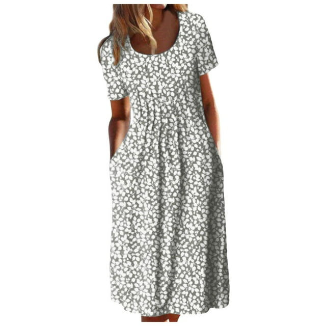 CHOK Robes d'Été pour Femmes à Boutons avec Poches Grande Taille Bohème Décontractée Longue Robe Maxi Imprimé Floral Manches Courtes Col en V Longueur sous le Genou Évasée Ligne A Maison Ample Robes Soleil
