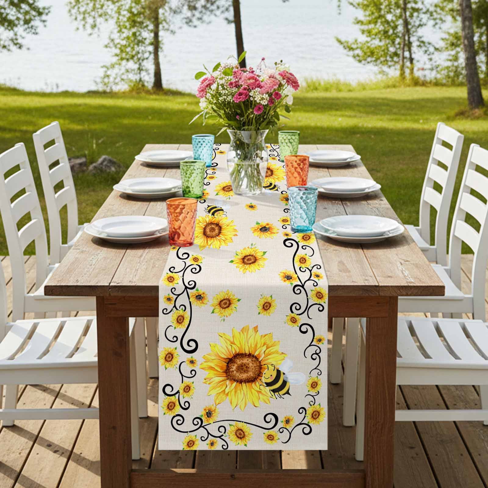Sunflower Bees Burlap Cotton Table Runner 13x90 Inches Long, Spring Summer Farmhouse Floral Beige Burlap Farmhouse Table Runners, Outdoor Dining Tablecloths Decor for Baby Shower/Party/Wedding
