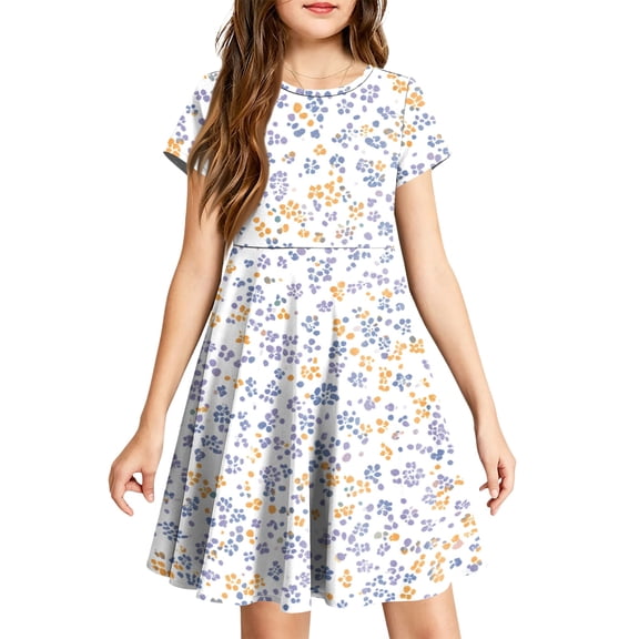 Grblisyd Dresses for Girls Summer Short Sleeve Dress Fashion Floral Print A Line Swing Basic Sundress