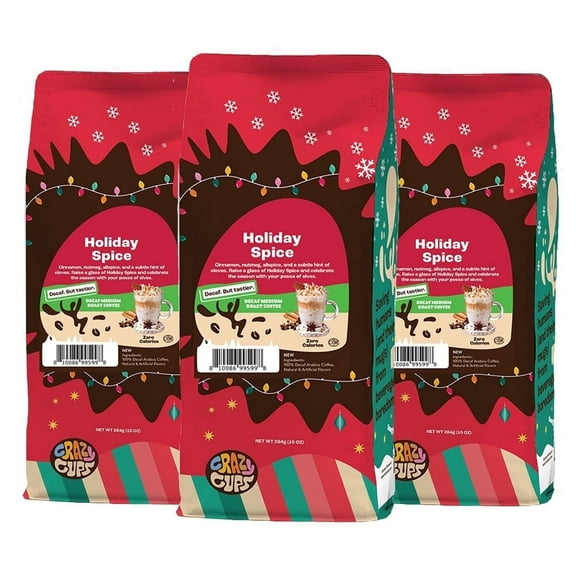 Crazy Cups Decaffeinated Holiday Spice Flavored Medium Roast Ground Coffee, 10 oz, 3-Pack