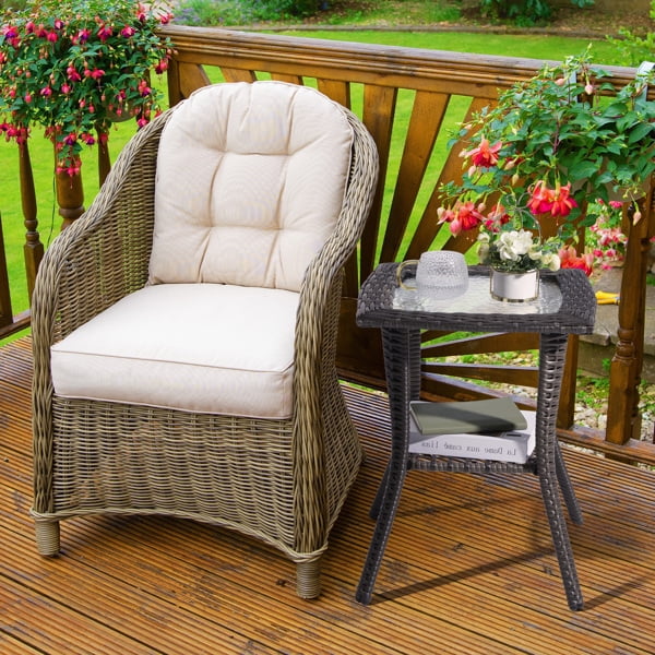 Alvantor Dark Gray Wicker Small Side Table 18 x 18 x 22.6 in Outdoor Patio End Table with Ripple Tempered Glass Top and Lower Shelf