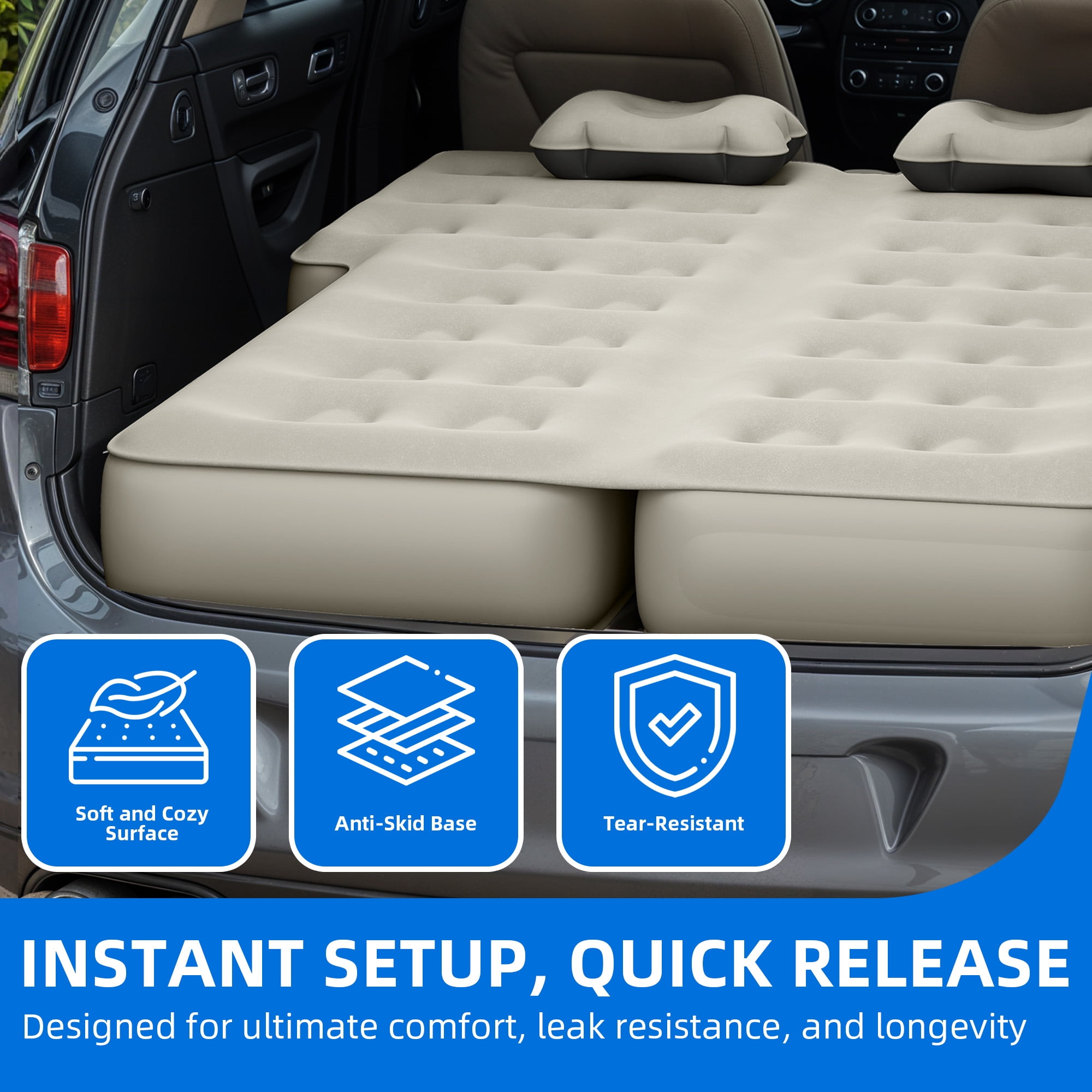 Dextrus Inflatable Car Air Mattress with Pump, Portable SUV Air Bed with Pillows for Camping, Home, Travel, Gray