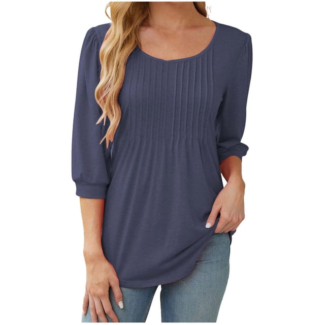 MeetoTime Chemises à Manches Longues pour Femmes Hauts d'Automne Tunique Décontractée Col Rond T-Shirts Plissés Confortables