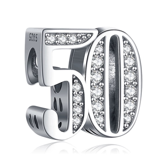 NINGAN Sparkling S925 Clear Pave Number 50 Bead Charm for Women Moment Charm Bracelet