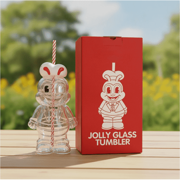 Jolly Glass Tumbler Novelty 3D Mascot Character Jollibee Glass Cup with Lid and Straw, Cute Collectible Cold Beverage Tumbler