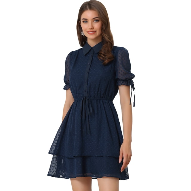 Vestido A Capas De Gasa Con Cordón Floral Cuello Peter Pan Para Mujer Azul Oscuro M