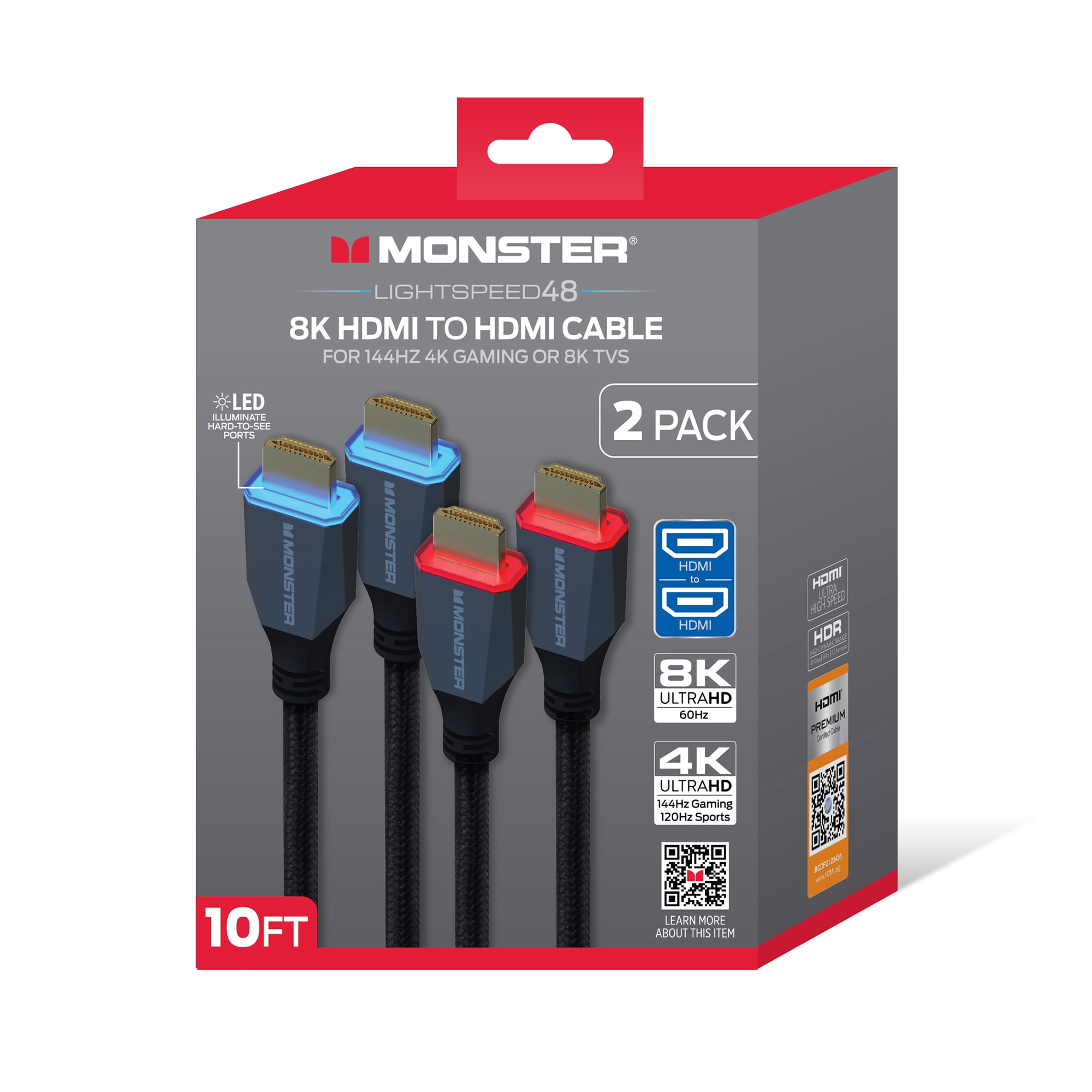 Monster 8K HDMI Cable 2 Pack 10 ft, Ultra High Speed HDMI 2.1