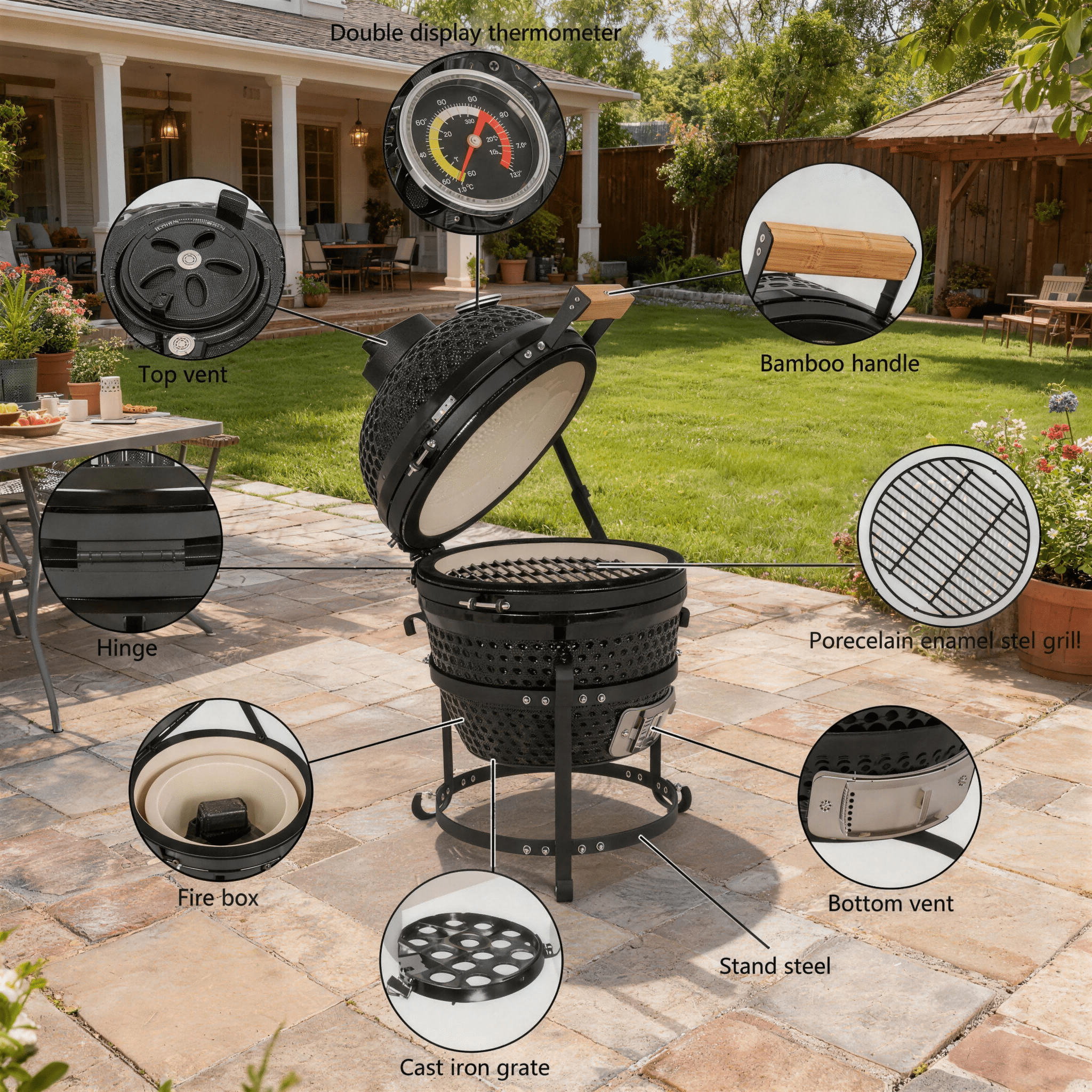 LODZPK 13in Round Ceramic Charcoal Grill Black, 50-800°F Heat Retention for Grilling Smoking