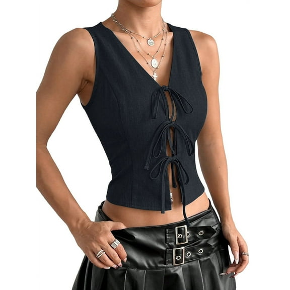 Women Tie Front Vest Top Open Front Crop Tanks Summer Waistcoat Sleeveless Y2K Outfits Shirt Navy Blue XL