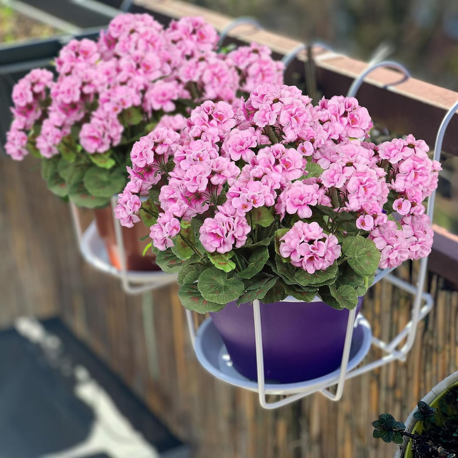 6 Pcs 14'' Artificial Geranium Silk Flower Outdoor UV Resistant Garden Plants Bush Faux Flowers for Home Wedding Kitchen Table Centerpieces Decor(Purple Pink)
