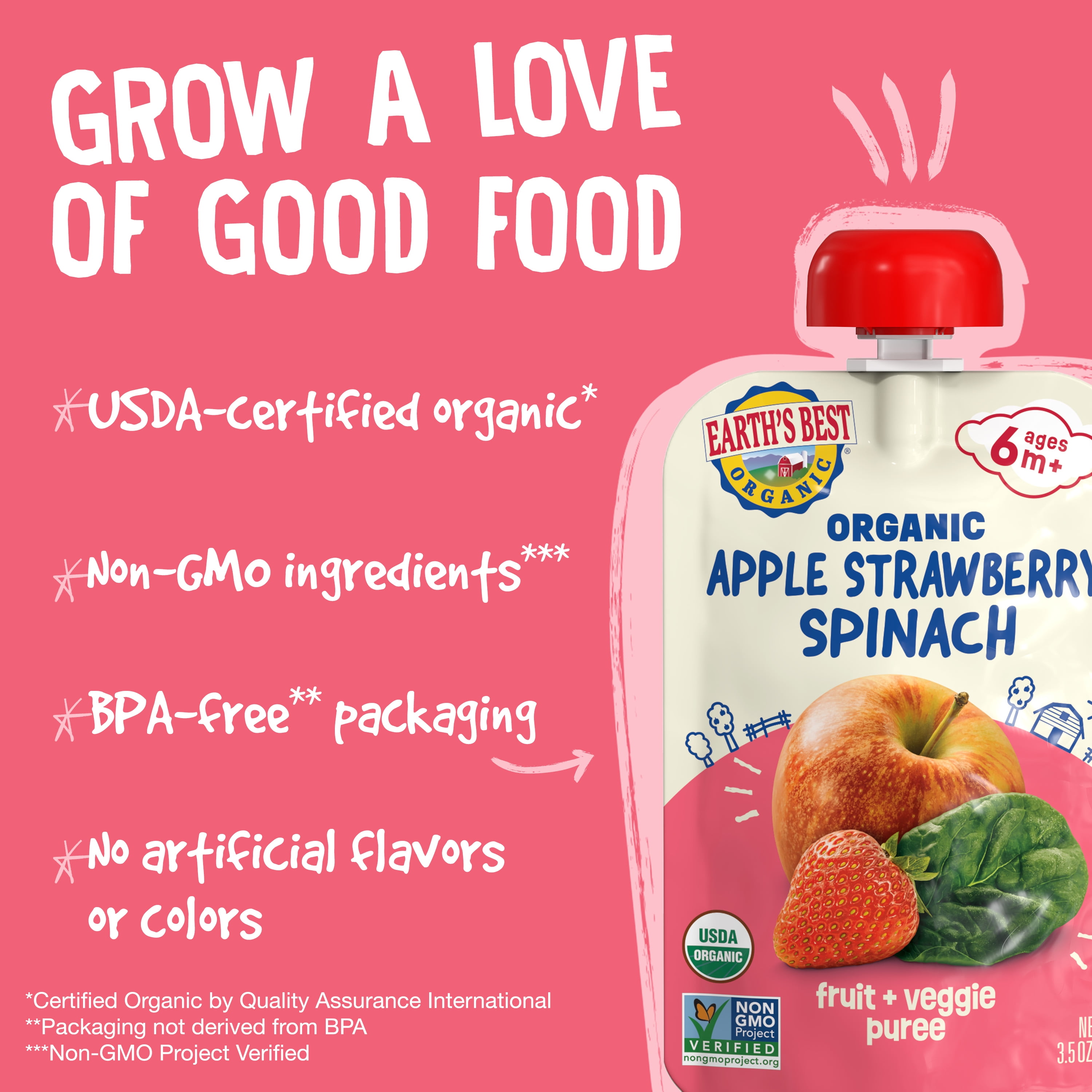 (2 pack) Earth's Best Organic Stage 2 Baby Food, Apple Strawberry Spinach Fruit & Veggie Puree, 3.5 oz Pouch