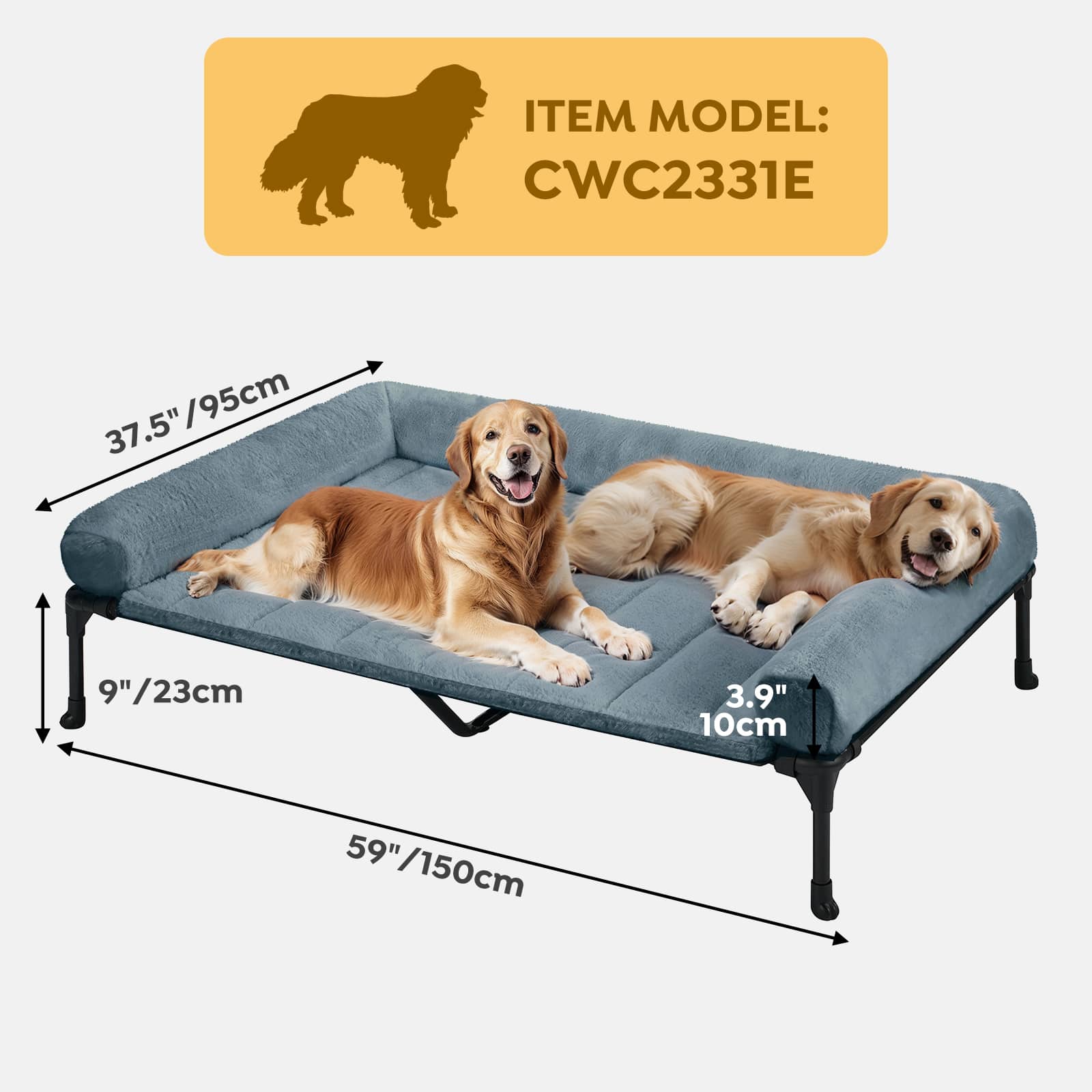 Veehoo Cooling Elevated Dog Bed with Fluffy Plush Bolster Cushion, 59 x 37 inches, XXLarge, Haze Blue