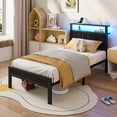 thumbnail image 4 of Kbun Twin Size Platform Bed Frame with Upholstered Headboard, Metal Bed Frame with LED Light, Heavy Duty Steel Slat Supported Queen Bed Frames, No Box Spring Needed, Black, 4 of 6